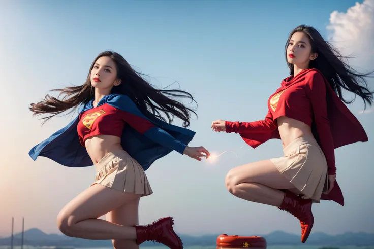 (RAW photo:1.2), (photorealistic:1.4), (masterpiece:1.3), (best quality:1.4), ultra high res, HDR, 8k resolution, 1girl, solo, gold straight hair, ((flying, floating, in the sky:1.5)), from below, panty view, (glowing eyes), (pale skin:1.2), red lips, blue supergirl suit with cloak, long sleeves, red pleated miniskirt, red boots, (fractal:1.3),