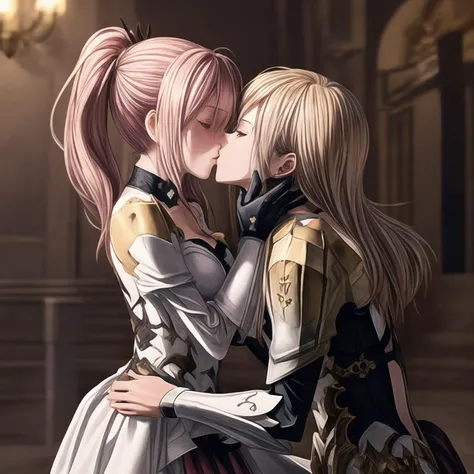 masterpiece,high quality anime drawing of 2girls,lesbians in love (kissing,smell:1.2),large breasts,at (royal palace,throne room,gold,marble,curtains),backlighting,detailed background <lora:U-AddMoreDetails-.5_2:0.9>
AND <lora:C-Shionne-.7:0.7> shionne1,Shionne,very long hair,pink hair,ponytail,bangs,shoulder armor,white dress,cleavage,detached sleeves,pauldrons,white thighhighs,tsundere,blush,(kissing)
AND <lora:C-Kisara-.9i:0.9> Kisara,blonde,long hair,yellow eyes,earrings,armor,bodysuit,shoulder armor,pauldrons,gloves,breastplate,(kissing)