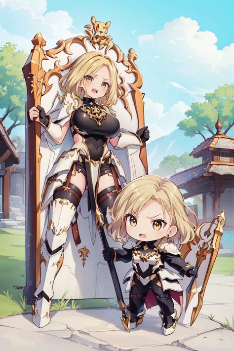 (masterpiece:1.2, best quality:1.2), 1girl, (shiny skin:1.2), large breasts, <lora:Kisara:1> kisara, yellow hair, yellow eyes, holding, shield, full body, (chibi), angry, open mouth, guard, battle, combat, wild, outdoor,
