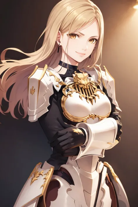 masterpiece, best quality, kisara, 1girl, blonde hair, long hair, yellow eyes, armor, bodysuit, crossed arms, earrings, gloves,looking at viewer, shoulder armor, smile, solo, upper body, simple background <lora:Kisara:1>