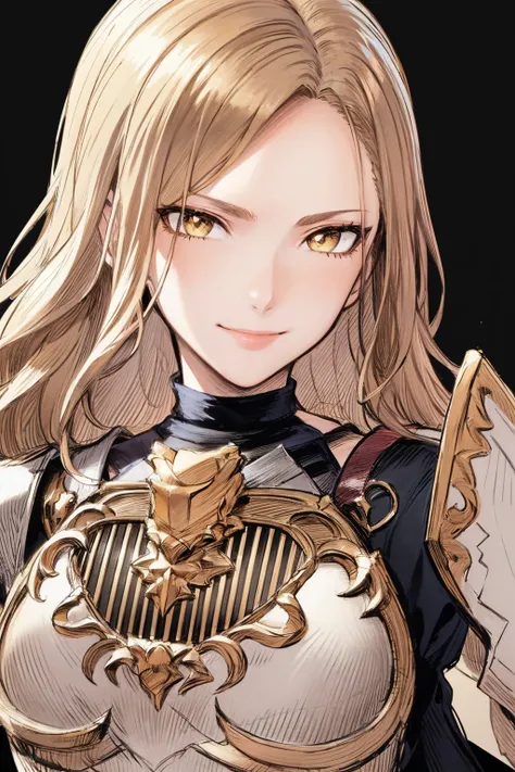masterpiece, best quality, kisara, 1girl, blonde hair, long hair, yellow eyes, armor,looking at viewer, smile, solo, closeup, sketch, simple background <lora:Kisara:1>