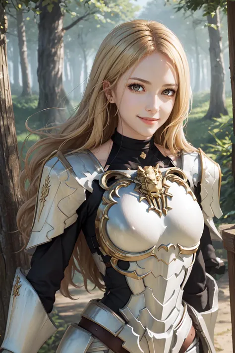 (best quality), (masterpiece), (solo), kisara, 1girl, blonde hair, long hair, yellow eyes, armor, looking at viewer, smile, solo, forest, <lora:Kisara:0.8>