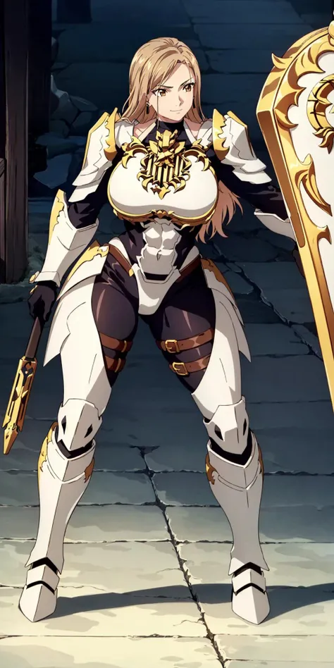 masterpiece, high quality, best quality, 1girl, (muscular:1), muscles, abs, biceps, thighs, obliques, abs lines, naval, fit, (super gigantic breasts:1.0), buffed, (closed mouth, half smile), kisara, blonde hair, brown hair, long hair, yellow eyes, earrings, armor, bodysuit, gloves, shoulder armor, pauldrons, breastplate, shield, weapon, anime screencap, anime key visual, full body <lora:Kisara:1>