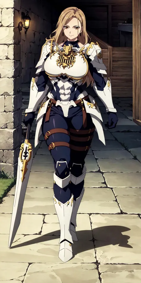 masterpiece, high quality, best quality, 1girl, (muscular:1), muscles, abs, biceps, thighs, obliques, abs lines, naval, fit, (super gigantic breasts:1.0), buffed, (closed mouth, half smile), kisara, blonde hair, brown hair, long hair, yellow eyes, earrings, armor, bodysuit, gloves, shoulder armor, pauldrons, breastplate, shield, weapon, anime screencap, anime key visual, full body <lora:Kisara:1>