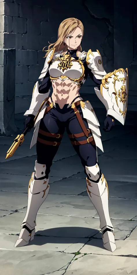 masterpiece, high quality, best quality, 1girl, (muscular:1), muscles, abs, biceps, thighs, obliques, abs lines, naval, fit, (super gigantic breasts:1.0), buffed, (closed mouth, half smile), kisara, blonde hair, brown hair, long hair, yellow eyes, earrings, armor, bodysuit, gloves, shoulder armor, pauldrons, breastplate, shield, weapon, anime screencap, anime key visual, full body <lora:Kisara:1>