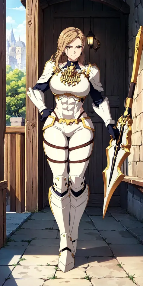 masterpiece, high quality, best quality, 1girl, (muscular:1), muscles, abs, biceps, thighs, obliques, abs lines, naval, fit, (super gigantic breasts:1.0), buffed, (closed mouth, half smile), kisara, blonde hair, brown hair, long hair, yellow eyes, earrings, armor, bodysuit, gloves, shoulder armor, pauldrons, breastplate, shield, weapon, anime screencap, anime key visual, full body <lora:Kisara:1>