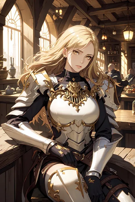 (best quality), (masterpiece), (solo), kisara, 1girl, blonde hair, long hair, yellow eyes, armor, medieval tavern, leaning back against counter, <lora:Kisara:0.8>