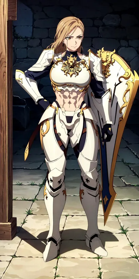 masterpiece, high quality, best quality, 1girl, (muscular:1), muscles, abs, biceps, thighs, obliques, abs lines, naval, fit, (super gigantic breasts:1.0), buffed, (closed mouth, half smile), kisara, blonde hair, brown hair, long hair, yellow eyes, earrings, armor, bodysuit, gloves, shoulder armor, pauldrons, breastplate, shield, weapon, anime screencap, anime key visual, full body <lora:Kisara:1>