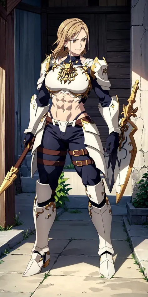 masterpiece, high quality, best quality, 1girl, (muscular:1), muscles, abs, biceps, thighs, obliques, abs lines, naval, fit, (super gigantic breasts:1.0), buffed, (closed mouth, half smile), kisara, blonde hair, brown hair, long hair, yellow eyes, earrings, armor, bodysuit, gloves, shoulder armor, pauldrons, breastplate, shield, weapon, anime screencap, anime key visual, full body <lora:Kisara:1>