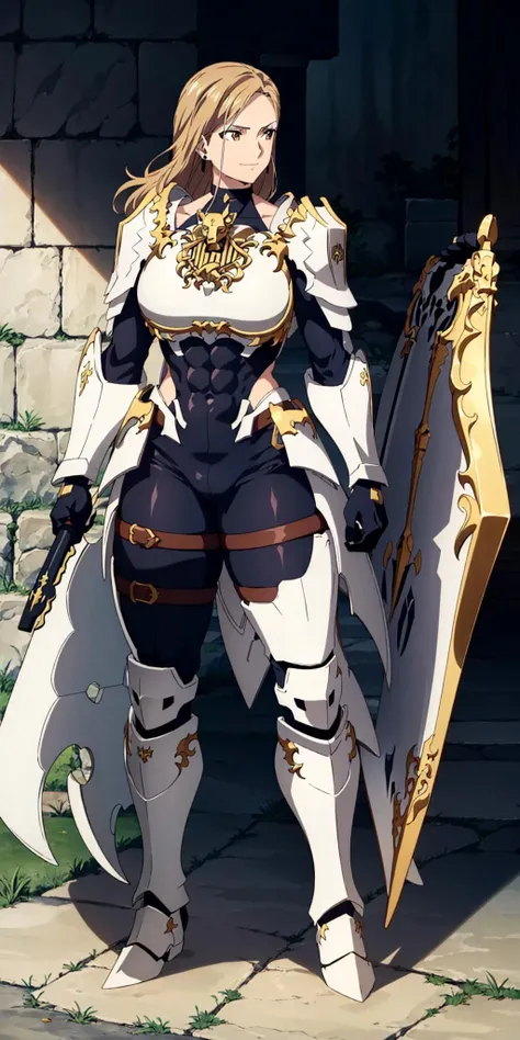 masterpiece, high quality, best quality, 1girl, (muscular:1), muscles, abs, biceps, thighs, obliques, abs lines, naval, fit, (super gigantic breasts:1.0), buffed, (closed mouth, half smile), kisara, blonde hair, brown hair, long hair, yellow eyes, earrings, armor, bodysuit, gloves, shoulder armor, pauldrons, breastplate, shield, weapon, anime screencap, anime key visual, full body <lora:Kisara:1>
