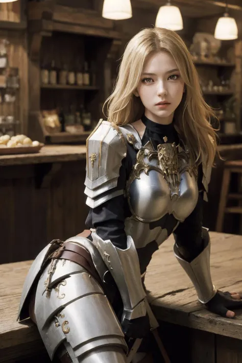 (best quality), (masterpiece), (solo), kisara, 1girl, blonde hair, long hair, yellow eyes, armor, medieval tavern, leaning back against counter, <lora:Kisara:0.8>