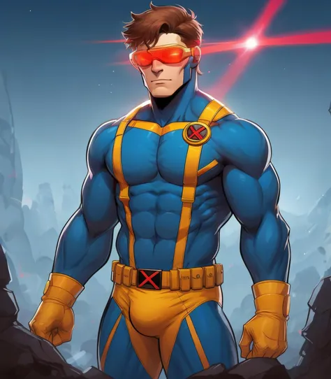 <lora:XMen-SSCyclops:0.6>, male, (yellow underwear:1), blue suit, cyclops, body, x-men, red glasses, laser glasses, masterpierce, super heroes, scene, Cartoon style, cartoon style