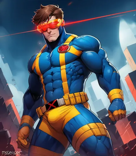 <lora:XMen-SSCyclops:0.7>, male, (yellow underwear:1), blue suit, cyclops, body, x-men, red glasses, laser glasses, masterpierce, super heroes, scene, anime style, Scott Summers