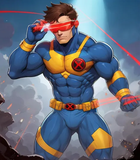 <lora:XMen-SSCyclops:0.6>, male, yellow underwear, blue suit, cyclops, body, x-men, red glasses, laser glasses, masterpierce, super heroes, movie scene, Cartoon style, cartoon style