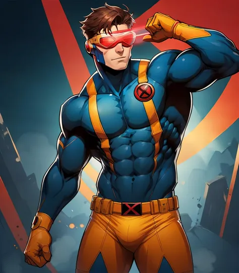 <lora:XMen-SSCyclops:0.6>, male, (yellow underwear:1), blue suit, cyclops, body, x-men, red glasses, laser glasses, masterpierce, super heroes, scene, anime style, Scott Summers