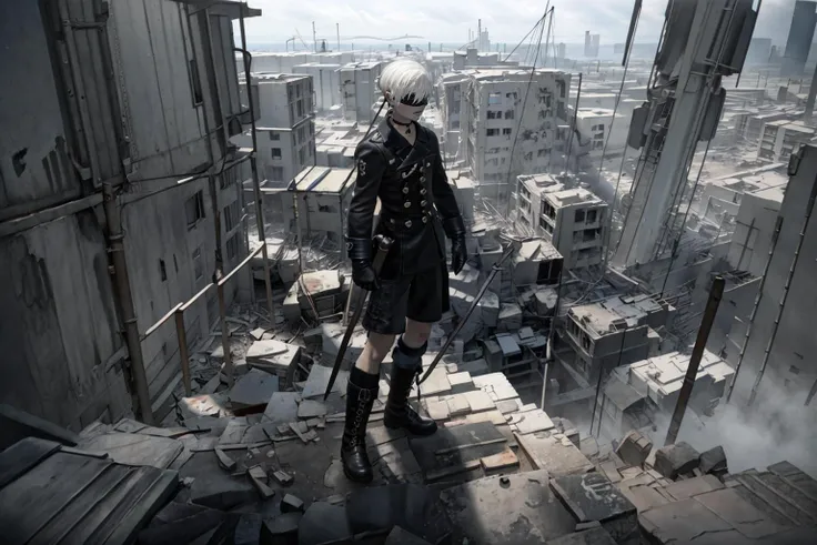 (looking at viwer:2), ( front view:2),(best quality, masterpiece), (realistic, photorealistic), lifelike rendering,subtle facial expressions,(photorealistic),
1boy, scenery, factory_ruins, rubble, cable, pillar,(standing on top of a building:1.2),ttruins, wide shot,
yorha_no._9_type_s, gloves, choker, boots, white_hair, black_gloves, weapon, black_choker, covered_eyes, long_sleeves, mole_under_mouth, short_hair
<lora:zoom_slider_v1:-5> <lora:lore_cyw_9S_v2:0.5> <lora:age_v2:-4> <lora:test:1>