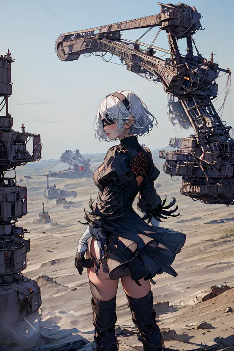 masterpiece,best quality,(no humans,wide shot:1.4),Bagger293, bucket-wheel excavator, heavy equipment,wasteland,
<lora:Bagger293_v10:0.9>
2B Nier Automata,white hair, puffy sleeves, short hair, long sleeves, juliet sleeves, parted lips, black thighhighs, black gloves,(cowboy shot),(from behind:1.2),
<lora:zoom_slider_v1:-2> <lora:2Bv2-lc:1>