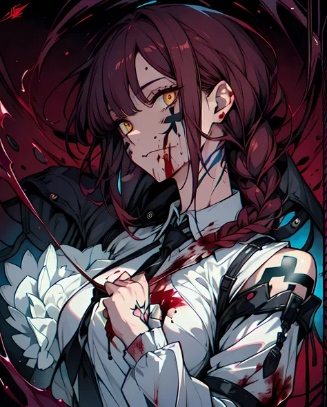 1girl, artist name, bangs, black necktie, braid, braided ponytail, breasts, business suit, collared shirt, expressionless, formal, long hair, long sleeves, looking at viewer, makima \(chainsaw man\), Sukuna \(Jujutsu Kaisen\)medium breasts, nail polish, necktie, red hair, ringed eyes, solo, suit, yellow eyes, makima eats sukuna's finger, crazy eyes, male,(Makima looks like sukuna:2), (scary emoticon:1), looking at viewer, orange hair, legs, (tattoo on his face:2), bird face, feathers, no pupils, red iris, solid eyes, monster girl, beak, (face markings:1), (bloodthirst:2), (scare:2) <lora:makima_offset:1>, <lora:neg4all_bdsqlsz_V3.5:1>