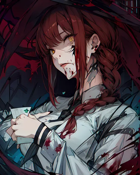 1girl, artist name, bangs, black necktie, braid, braided ponytail, breasts, business suit, collared shirt, expressionless, formal, long hair, long sleeves, looking at viewer, makima \(chainsaw man\), Sukuna \(Jujutsu Kaisen\)medium breasts, nail polish, necktie, red hair, ringed eyes, solo, suit, yellow eyes, makima eats sukuna's finger, crazy eyes, male,(Makima looks like sukuna:2), (scary emoticon:1), looking at viewer, orange hair, legs, (tattoo on his face:2), bird face, feathers, no pupils, red iris, solid eyes, monster girl, beak, (face markings:1), (bloodthirst:2), (scare:2) <lora:makima_offset:1>, (by JeeZ:2) , (by greg rutkowski:1), <lora:neg4all_bdsqlsz_V3.5:1>