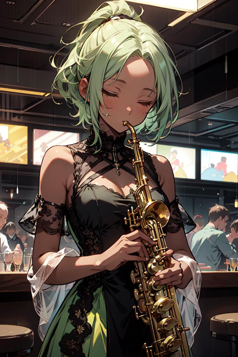 1girl, ultra-detailed, masterpiece, highly detailed, short hair, green hair, short ponytail, (forehead:1.1), (dark skin:1.2), closed eyes, small breasts, jazz bar, green gown, bokeh, vibrant, colorful, modern, long hair, raining, playing Saxophone, indoors, upper body, crowd, petite, form below
