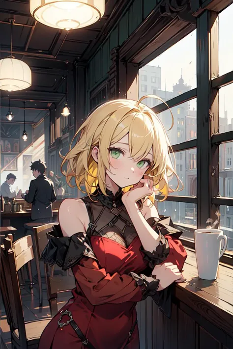 (Fraction_9,Fraction_8_direction_7_superior),1 Girl、Girl working in a bar、Town Girl、Cute red dress、White frill shirt,Golden Hair,Light blue eyes,beautiful_face,smile、Holding a mug of beer