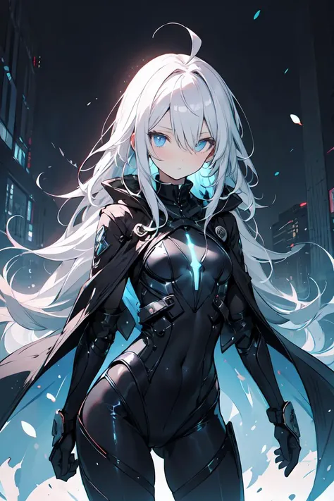 best quality, ultra-detailed, 1girl, solo, white hair, (absurdly long hair:1.2), ahoge, blue eyes, flat chest, pale, skin, expressionless eyes, looking at the viewer, city, destruction, blue energy, futuristic, armored, white and black leotard, cold attitude, petite, glow, dark, monochrome, black bodysuit, cowboy shot, cloak