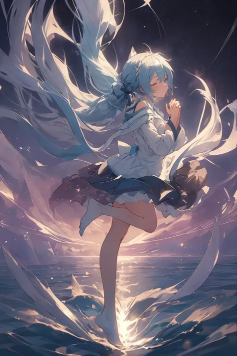 solo,1girl, hu1, ,hatsune_miku,from side, (midair, in air, hugging own legs,fetal position ,floating in air,self hugging:1.2), eyes closed, hairup1,(long hair,hair floating up,blown hair:1.2),1girl, full body, angel white halo,night,angel,   light and shadow, lighting,light particles, ,ligne claire,from below,night sky,starry, blurry foreground,(horizon:1.2), 
 <lora:hairup:0.3>