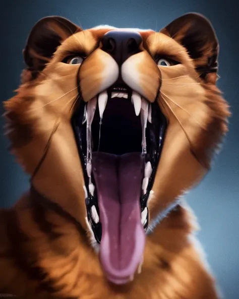 felid, feline, lion, feral, bodily_fluids, detailed_background, detailed_mouth, dripping, drooling, looking_at_viewer, male, mouth_shot, open_mouth, open_smile, outside, saliva, saliva_drip, saliva_on_tongue, saliva_string, salivating, solo, teeth, tongue, tongue_out,  whiskers,, intricate, elegant, highly detailed, centered, grungy, digital painting, artstation, concept art, smooth, sharp focus