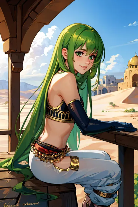 masterpiece, best quality, enkidu, arabian clothes, black crop top, elbow gloves, harem pants, sitting, from side, smile, desert, middle eastern architecture <lora:enkidu-nvwls-v2-000010:0.9>