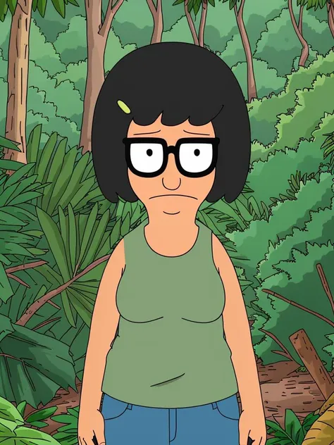 bburg_tina action hero, wearing dark green worn tank top, torn and dirty khaki cargo pants, in the jungle, dense jungle in background, sweaty, face flushed, large jungle bush in foreground, cave in background, action, sunny, jungle plants in background
 <lora:BobsBurgers_LoRA:0.8>