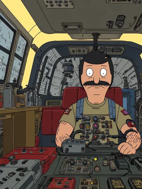 bburg_bob wearing scratched and dented space marine gear, inside spaceship cockpit, electronic circuits hanging loose in background, flashing control panel in foreground, science fiction, action, dark, tools on floor in background, dark red lighting
<lora:BobsBurgers_LoRA:0.8>