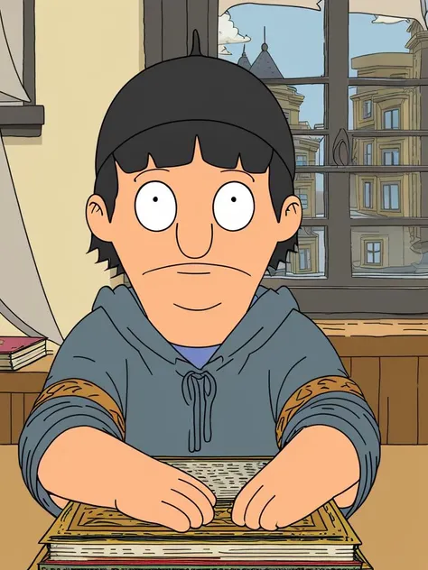 bburg_gene boy, wearing torn wizard robes, tall wizard hat, library, books in foreground, large window in background, fantasy, wonder, amazing, magical tools on table in background, bright wizard office or study
<lora:BobsBurgers_LoRA:0.8>