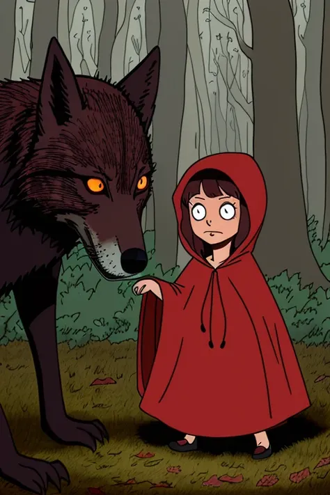 close up portrait of red riding hood in a dark spooky forest, red hooded cape, basket of food on ground, wolf in background, spooky, dark
<lora:BobsBurgers_LoRA:0.7>