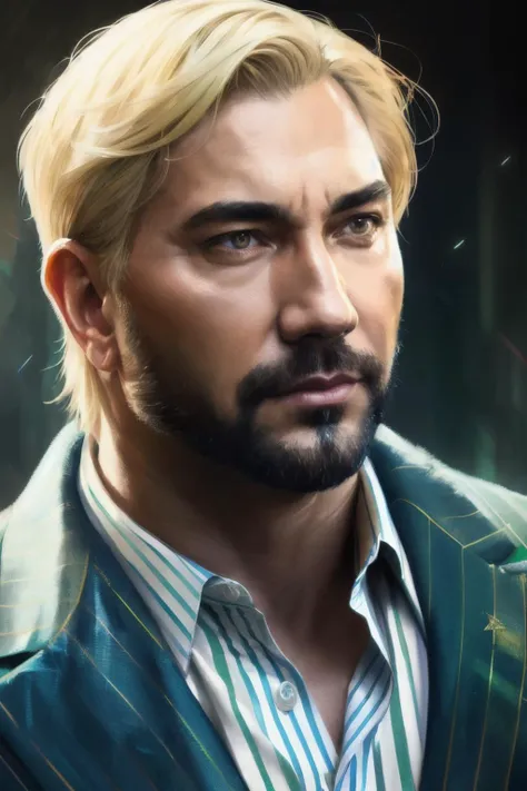 portrait photo of bta man ,(blue and green striped shirt), (dirty blonde hair), alluring portrait, intricate, highly detailed, digital painting, artstation, concept art, cinematic lighting, illustration, art by artgerm and greg rutkowski, alphonse mucha, cgsocietynd, <lyco:Bautista-RealVision-V1.0:1.0>