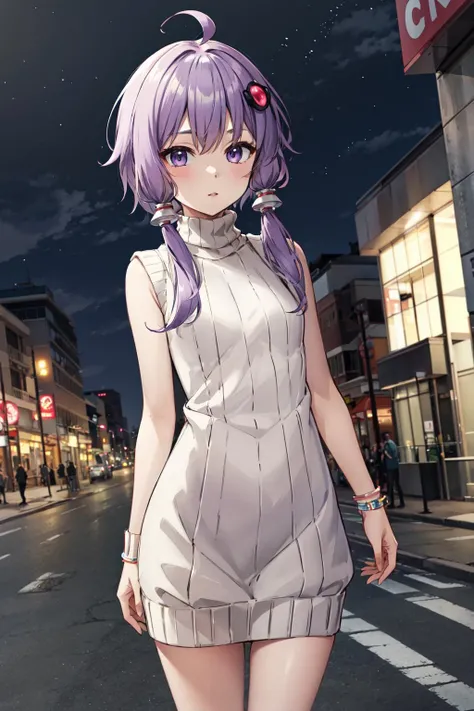 masterpiece,best quality,highres,ultra-detailed,aayukari,ahoge,short hair with long locks,hair ornament,<lora:yuzuki_yukari:0.8>,night,street,standing,sweater dress,turtleneck,sleeveless,