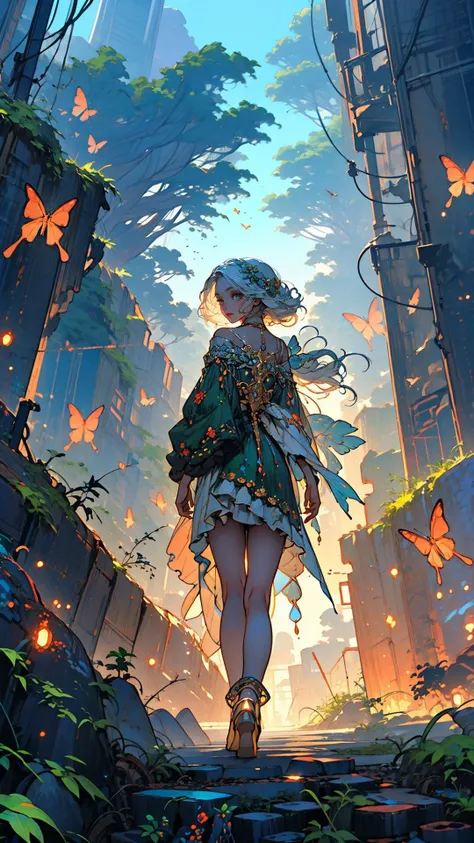 butterfly style, <lora:butterfly:1>, jellyfishforest, <lora:jellyfish-noise:1>, (best quality, masterpiece, intricate detail),
best photo pose, dynamic angle, (1girl, solo), human body ratio, perfect body proportions, glamour shot of girl,
((in abandoned warehouse, ruins:1.2)), waste materials, plant growing, (moss, Overgrown vines and foliage crawling up the decaying walls), ((broken glass)), (glass-ceiling, grass), Vibrant wildflowers and blossoming reclaiming the surrounding area, bringing a burst of color to the desolate scene, BREAK (cat/butterfly:1.2),
(high fashion, consider flowing fabrics, voluminous skirt, relaxed silhouette, high heels),
(white hair, delicate face, beautiful detailed eyes, walking),
<lora:add_detail:0.5>,