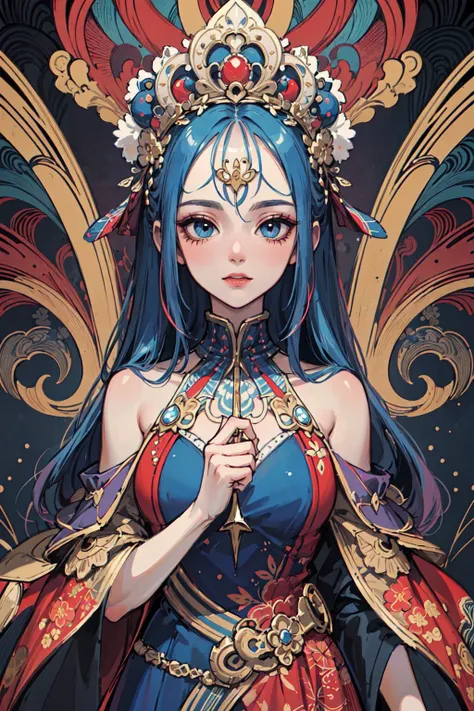 (masterpiece, top quality, best quality, official art, beautiful and aesthetic:1.2), (1girl:1.3), extremely detailed,(fractal art:1.2),colorful,highest detailed,(zentangle:1.2), (dynamic pose), (abstract background:1.5), (treditional dress:1.2), (shiny skin), (many colors:1.4), upper body, masterpiece, best quality,high quality,highres, 16K,RAW,ultra highres,ultra details,finely detail,an extremely delicate and beautiful,extremely detailed,real shadow, anime,highly detailed painted,award winning glamour paintting,wonderful paintting,art style,stylized,