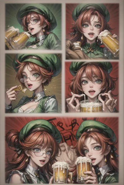 comics of a group of friends gathered around a table, Ireland, San patrick day, clinking glasses filled with our refreshing beer. <lora:more_details:1> <lora:people_count_slider_v1:2>
BREAK
smiling and drinking beer. Red hair
BREAK
A girl in green dress with irish hat looking around
BREAK
The bartender with a huge beer in the pub
BREAK
Zoom of one nice fresh beer
BREAK
1boy and 1 girl (looking each other:1.1) with the (beer:1.4) thinking about their future love