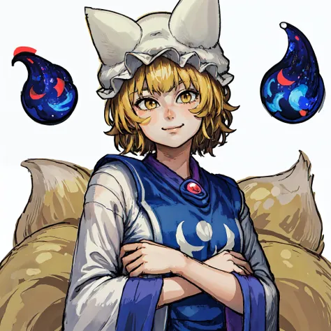 <lora:Ran_Yakumo_Chanta_LoRA-02:1>, adult woman, masterpiece, best quality, chanta_(ayatakaoisii), (flat chest), 1girl, solo, sfw, (indigo:1.3) tabard, yellow eyes, looking at viewer, yellow hair, smirk, (blush stickers), white hat, upper body, long sleeves, pink wrist cuffs