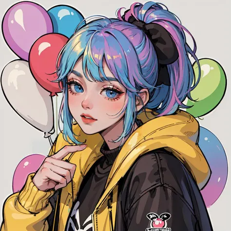 (pop_art:1.4), (colorful:1.3), _poster_style, (animation, novel_Illustration:1.3), (charming and cozy atmosphere), (best quality, masterpiece, intricate detail),
1 girl, cute, perfect detail eyes, delicate face, makeup, (iridescent colored Highlight Hair, colorful hair:1.4), ponytail, yellow jacket with white pattern, white sweater, many colored balloons, colored balloons, boots, abstract background,