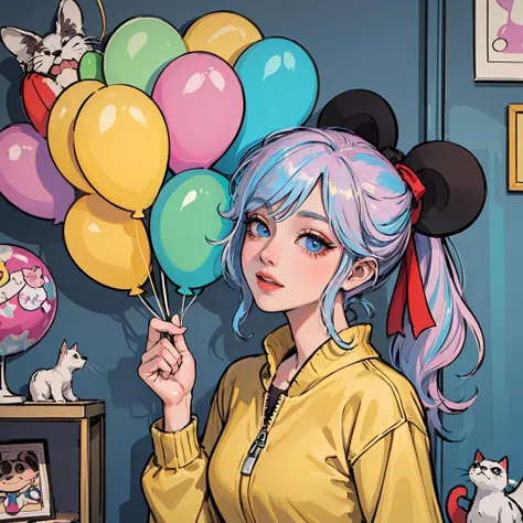 (pop_art:1.4), (colorful:1.3), (movie_poster_style), (animation, novel_Illustration:1.3), (charming and geek-chic atmosphere), (best quality, masterpiece, intricate detail), 
1 girl, cute, perfect detail eyes, delicate face, makeup, (iridescent colored Highlight Hair, colorful hair:1.4), ponytail, yellow jacket with white pattern, white sweater, many colored balloons, colored balloons, boots, ribbon, abstract background, dog, cat,