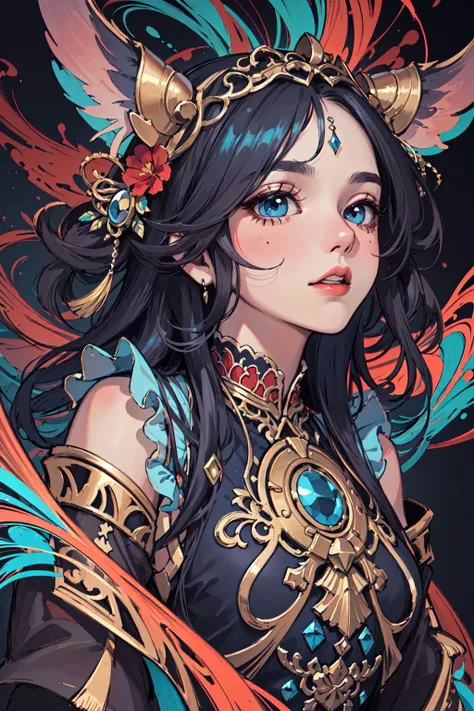 (masterpiece, top quality, best quality, official art, beautiful and aesthetic:1.2), (1girl:1.3), extremely detailed,(fractal art:1.2),colorful,highest detailed,(zentangle:1.2), (dynamic pose), (abstract background:1.5), (treditional dress:1.2), (shiny skin), (many colors:1.4), upper body, masterpiece, best quality,high quality,highres, 16K,RAW,ultra highres,ultra details,finely detail,an extremely delicate and beautiful,extremely detailed,real shadow, anime,highly detailed painted,award winning glamour paintting,wonderful paintting,art style,stylized,