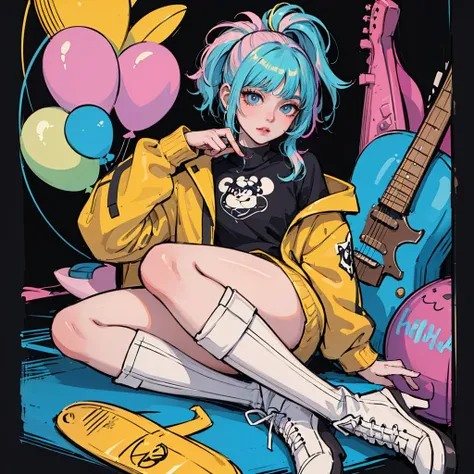 (pop_art:1.4), (colorful:1.3), _poster_style, (animation, novel_Illustration:1.3), (charming and geek-chic atmosphere), (best quality, masterpiece, intricate detail),
1 girl, cute, perfect detail eyes, delicate face, makeup, (iridescent colored Highlight Hair, colorful hair:1.4), ponytail, yellow jacket with white pattern, white sweater, many colored balloons, colored balloons, boots, ribbon, abstract background, many animals,
