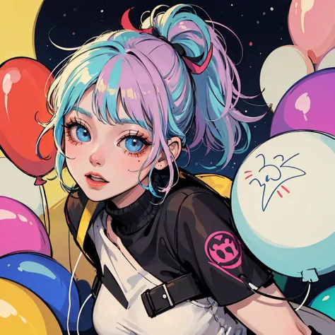(pop_art:1.4), (colorful:1.3), movie_poster_style, (animation, novel_Illustration:1.3), (charming and cozy atmosphere), (best quality, masterpiece, intricate detail),
1 girl, cute, perfect detail eyes, delicate face, makeup, (iridescent colored Highlight Hair, colorful hair:1.4), ponytail, yellow jacket with white pattern, white sweater, many colored balloons, colored balloons, boots, ribbon, abstract background,