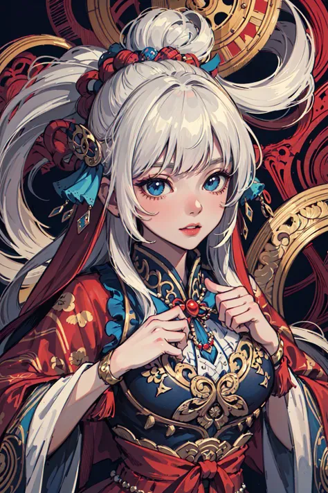 (masterpiece, top quality, best quality, official art, beautiful and aesthetic:1.2), (1girl:1.3), extremely detailed,(fractal art:1.2),colorful,highest detailed,(zentangle:1.2), (dynamic pose), (abstract background:1.5), (treditional dress:1.2), (shiny skin), (many colors:1.4), upper body, masterpiece, best quality,high quality,highres, 16K,RAW,ultra highres,ultra details,finely detail,an extremely delicate and beautiful,extremely detailed,real shadow, anime,highly detailed painted,award winning glamour paintting,wonderful paintting,art style,stylized,