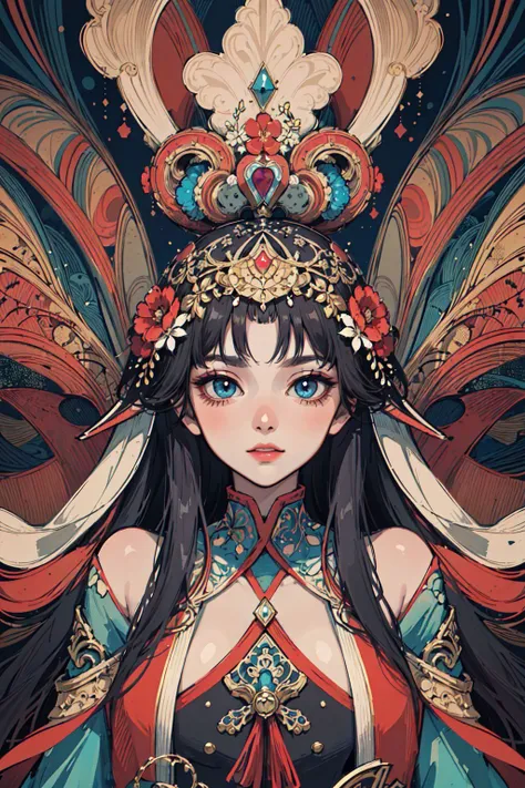 (masterpiece, top quality, best quality, official art, beautiful and aesthetic:1.2), (1girl:1.3), extremely detailed,(fractal art:1.2),colorful,highest detailed,(zentangle:1.2), (dynamic pose), (abstract background:1.5), (treditional dress:1.2), (shiny skin), (many colors:1.4), upper body, masterpiece, best quality,high quality,highres, 16K,RAW,ultra highres,ultra details,finely detail,an extremely delicate and beautiful,extremely detailed,real shadow, anime,highly detailed painted,award winning glamour paintting,wonderful paintting,art style,stylized,