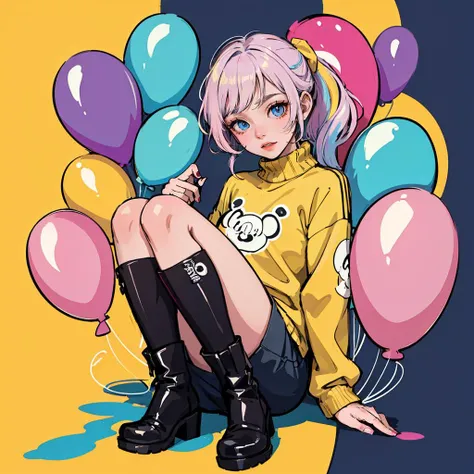 (pop_art:1.4), (colorful:1.3), _poster_style, (animation, novel_Illustration:1.3), (charming and cozy atmosphere), (best quality, masterpiece, intricate detail),
1 girl, cute, perfect detail eyes, delicate face, makeup, (iridescent colored Highlight Hair, colorful hair:1.4), ponytail, chewing bubble gum, yellow jacket with white pattern, white sweater, many colored balloons, colored balloons, boots, ribbon, abstract background,