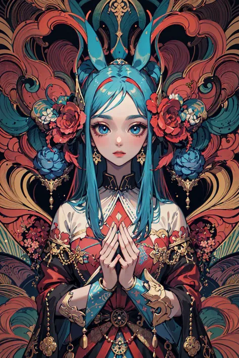 (masterpiece, top quality, best quality, official art, beautiful and aesthetic:1.2), (1girl:1.3), extremely detailed,(fractal art:1.2),colorful,highest detailed,(zentangle:1.2), (dynamic pose), (abstract background:1.5), (treditional dress:1.2), (shiny skin), (many colors:1.4), upper body, masterpiece, best quality,high quality,highres, 16K,RAW,ultra highres,ultra details,finely detail,an extremely delicate and beautiful,extremely detailed,real shadow, anime,highly detailed painted,award winning glamour paintting,wonderful paintting,art style,stylized,