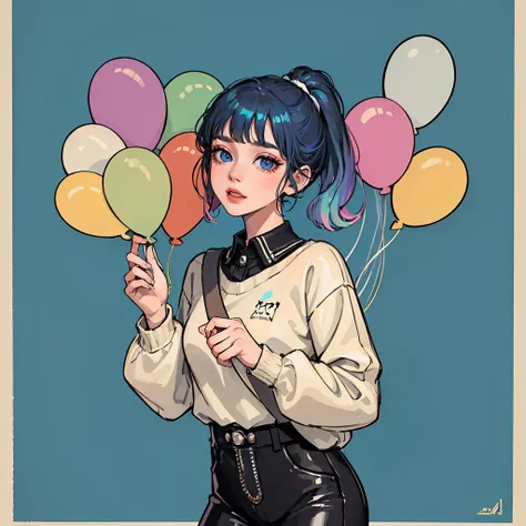 (pop_art:1.4), (colorful:1.3), (movie_poster_style), (animation, novel_Illustration:1.3), (charming and geek-chic atmosphere), (best quality, masterpiece, intricate detail),
1 girl, cute, perfect detail eyes, delicate face, makeup, (iridescent colored Highlight Hair, colorful hair:1.4), ponytail, yellow jacket with white pattern, white sweater, many colored balloons, colored balloons, boots, ribbon, abstract background, dog, cat,