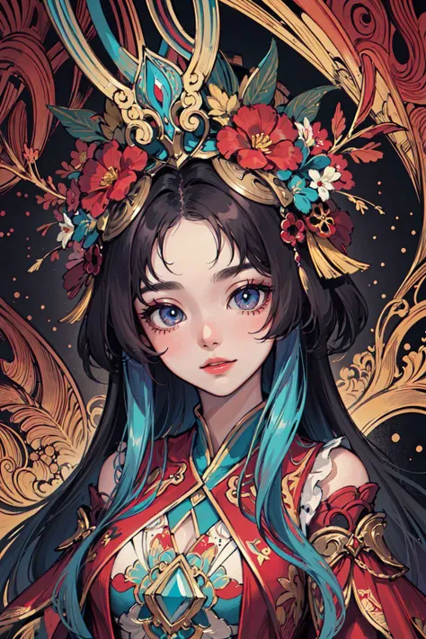 (masterpiece, top quality, best quality, official art, beautiful and aesthetic:1.2), (1girl:1.3), extremely detailed,(fractal art:1.2),colorful,highest detailed,(zentangle:1.2), (dynamic pose), (abstract background:1.5), (treditional dress:1.2), (shiny skin), (many colors:1.4), upper body, masterpiece, best quality,high quality,highres, 16K,RAW,ultra highres,ultra details,finely detail,an extremely delicate and beautiful,extremely detailed,real shadow, anime,highly detailed painted,award winning glamour paintting,wonderful paintting,art style,stylized,